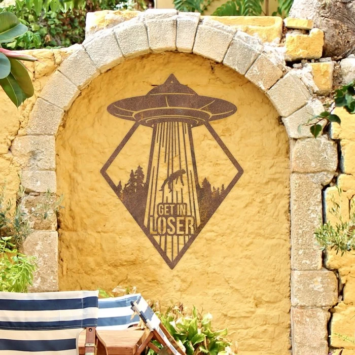 "Get In Loser" Rustic Alien Wall Art - Image 3