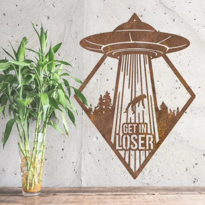 "Get In Loser" Rustic Alien Wall Art - Image 4