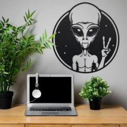 Black Peace Sign Alien Wall Art -Garden Supply Discount Store alien peace sign wall art black 7