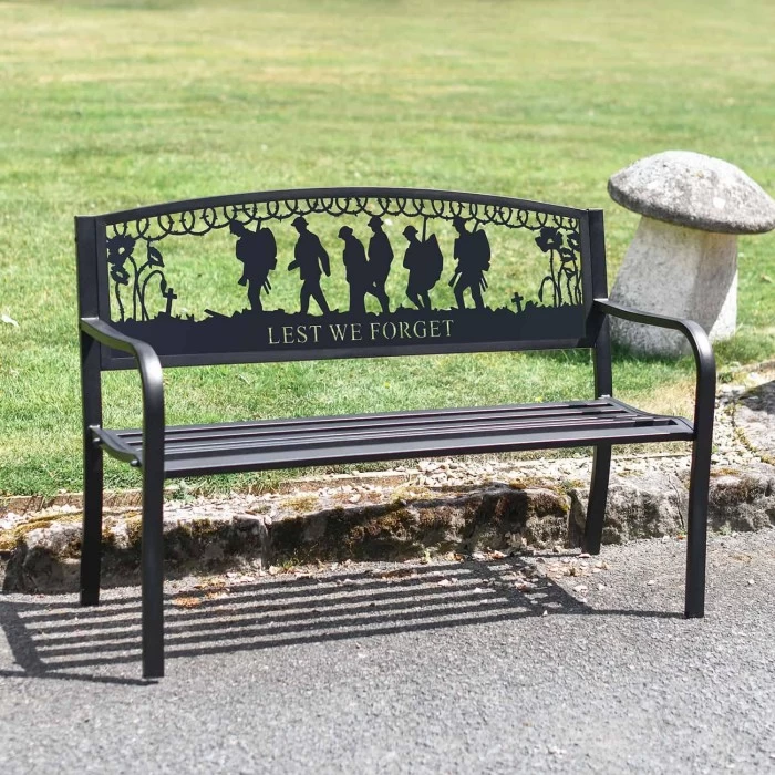 Bespoke "Lest We Forget" Soldiers Iron & Steel Park Bench In Black 7 Bespoke "Lest We Forget" Soldiers Iron & Steel Park Bench In Black - Image 5