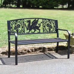 Bespoke Welsh Dragon Iron & Steel Park Bench In Black