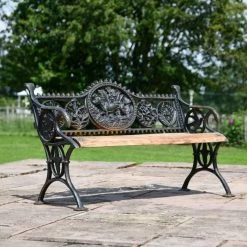 The Mortimer Aged Black Cast Iron Dog Two Seater Bench -Garden Supply Discount Store black cast iorn bench wood slats 4
