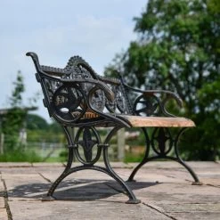 The Mortimer Aged Black Cast Iron Dog Two Seater Bench -Garden Supply Discount Store black cast iorn bench wood slats 5