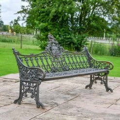 'The Bartholomew' Aged Black Cast Iron Gothic Three Seater Bench -Garden Supply Discount Store black cast iron bench 3 1