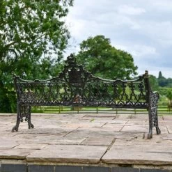 'The Bartholomew' Aged Black Cast Iron Gothic Three Seater Bench -Garden Supply Discount Store black cast iron bench 8 1
