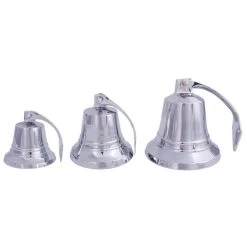 4" Bright Chrome Bell With Rope Lanyard -Garden Supply Discount Store bright chrome hanging bells with lanyard in three sizes 1