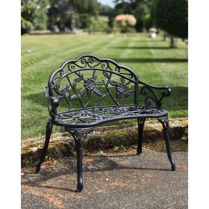 Cast Aluminium "Tri-Floral" Black Two Seater Garden Bench - Image 7