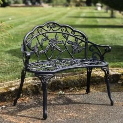 Cast Aluminium "Tri-Floral" Black Two Seater Garden Bench