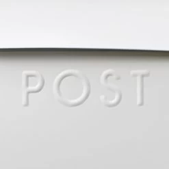 Cream Contemporary Post Box With Lock -Garden Supply Discount Store close up of the embossed lettering on the white post box