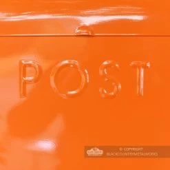 “Sunkissed Sienna” Orange Contemporary Post Box 15 “Sunkissed Sienna” Orange Contemporary Post Box -Garden Supply Discount Store close up of embossed lettering on orange post box