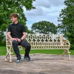 The Quatrefoil Antique Cream Victorian Cast Iron Three Seater Bench -Garden Supply Discount Store cream large bench 3