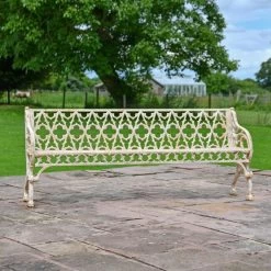 The Quatrefoil Antique Cream Victorian Cast Iron Three Seater Bench -Garden Supply Discount Store cream large bench 6