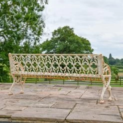 The Quatrefoil Antique Cream Victorian Cast Iron Three Seater Bench -Garden Supply Discount Store cream large bench 7