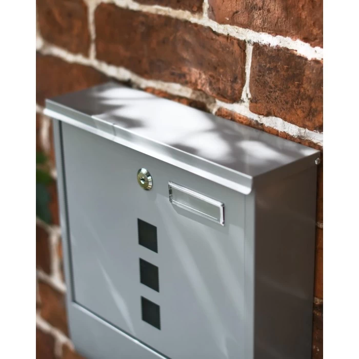Galvanised Steel Silver Wall Mounted Post Box With Lock & Newspaper Holder - Image 5