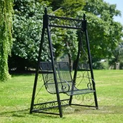 Black “Briar Rose” Garden Swing Seat -Garden Supply Discount Store garden metalwork ornate scroll swing seat