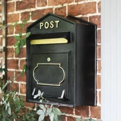 "Osteler Splendour" Black Wall Mounted Post Box With Gold Lettering -Garden Supply Discount Store lb1163 wall mounted cast iron post box 1