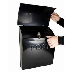 “Evening Hush” Black Berkley Post Box With Lock -Garden Supply Discount Store lock and lid open on contemporary post box in black 2