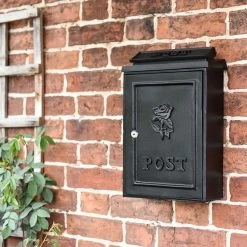 Deluxe Black "Tudor Rose” Wall Mounted Post Box -Garden Supply Discount Store manor house post box on brick wall