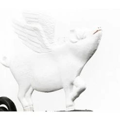 Cast Iron Hand Painted Garden Bell - Bringing Home The Bacon Flying Pig -Garden Supply Discount Store may 0325sp 1