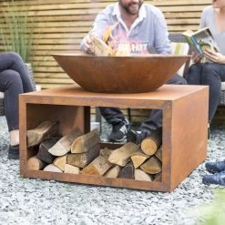 Modern Rustic Fire Bowl With Log Store -Garden Supply Discount Store modern rustic fire bowl with log store 2