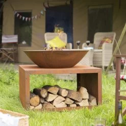 Modern Rustic Fire Bowl With Log Store -Garden Supply Discount Store modern rustic fire bowl with log store 3