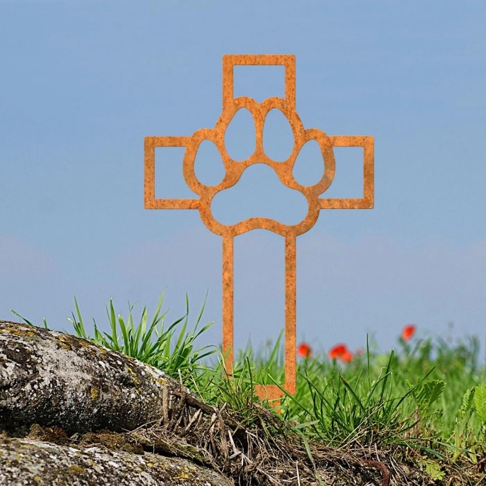 Paw Print On Cross Grave Marker Ground Spike In Rustic Finish