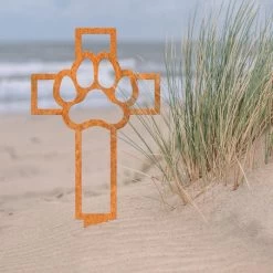 Paw Print On Cross Grave Marker Ground Spike In Rustic Finish -Garden Supply Discount Store paw print on cross grave marker ground spike in rustic finish 3