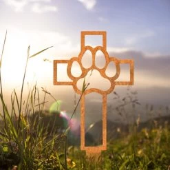 Paw Print On Cross Grave Marker Ground Spike In Rustic Finish -Garden Supply Discount Store paw print on cross grave marker ground spike in rustic finish 4