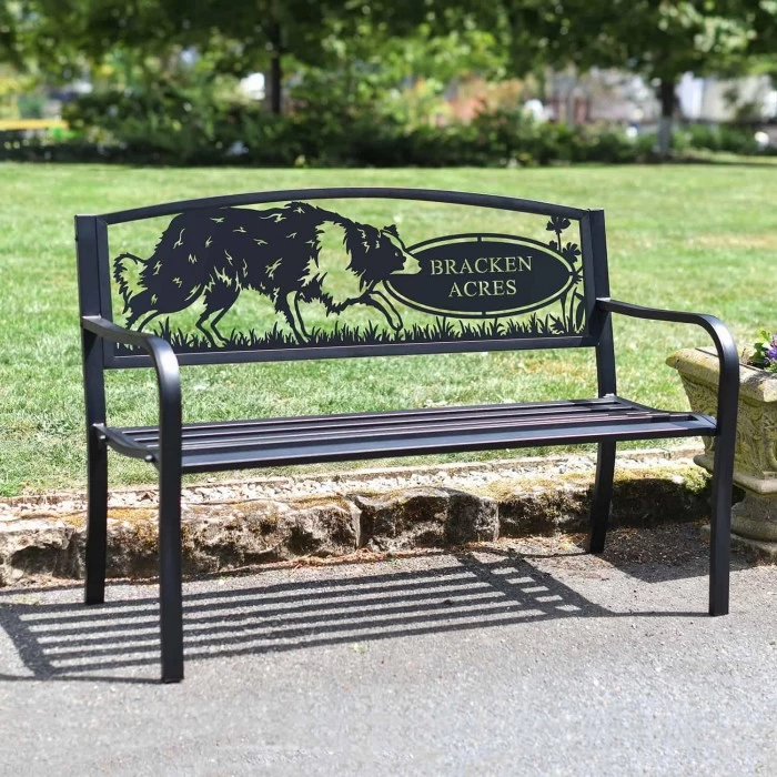 Personalised Border Collie Iron & Steel Park Bench In Black