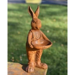 Rustic Cast Iron Rabbit Holding Bowl Sculpture & Bird Bath