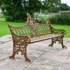 'The Bartholomew' Rustic Cast Iron Gothic Three Seater Bench -Garden Supply Discount Store rustic large iron bench 5