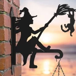 Steel Witch With Cat Hanging Basket Bracket -Garden Supply Discount Store steel witch with cat hanging basket bracket 2