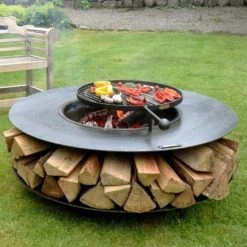 Ring Barbecue Fire Pit With Log Storage & Swing Arm Barbecue Rack