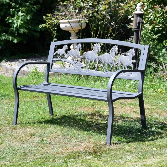 Running Horses Cast Iron & Steel Bench 3 Running Horses Cast Iron & Steel Bench
