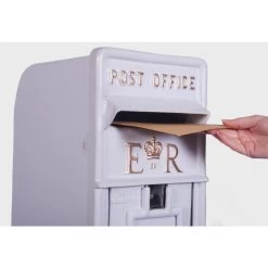 'Original Reproduction' White Elizabeth Regina Post & Parcel Box -Garden Supply Discount Store white elizabeth regina post and parcel box close