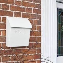 Cream Contemporary Post Box With Lock -Garden Supply Discount Store white contemporary postbox in situ on a brick wall